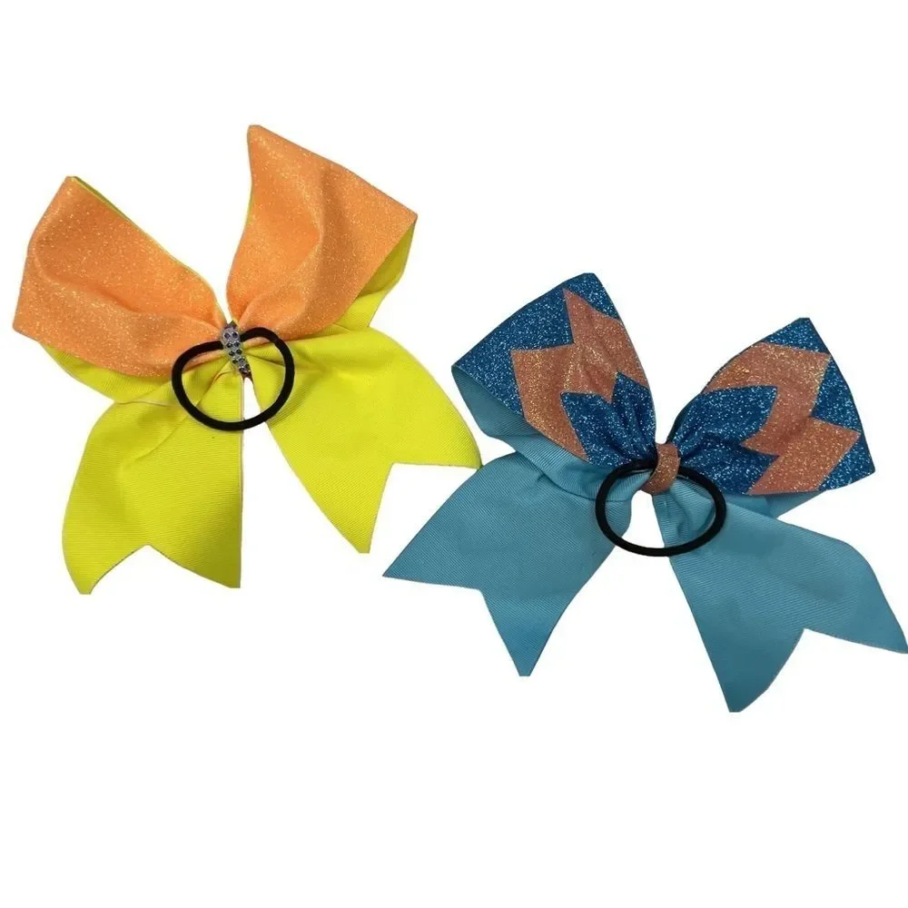 Cheer Hair Bows Set of 2 Elastic Band Orange and Blue Girl's Size Large